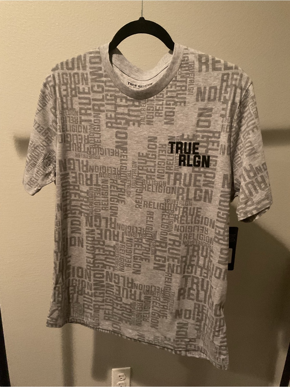 True Religion Gray All-Over Logo Short Sleeve Tee with Black Chest Print